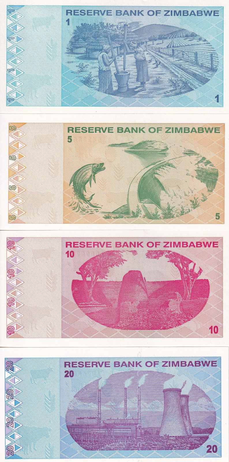 Zimbabwe Set 4 UNC 1 5 10 20 Dollars 2009 P 92 93 94 95 UNC