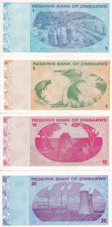 Zimbabwe Set 4 UNC 1 5 10 20 Dollars 2009 P 92 93 94 95 UNC