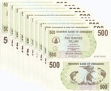 Zimbabwe 500 Dollars Bearer Cheque 2006 P 43 UNC Lot 10 Pcs
