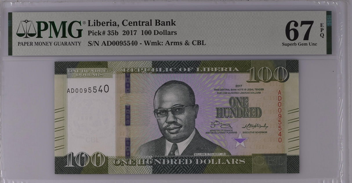 Liberia 100 Dollars 2017 P 35 b Superb Gem UNC PMG 67 EPQ