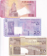 Macau Set 3 PCS 10 20 50 Patacas Random Year P 80 P 81 P 81Ac UNC