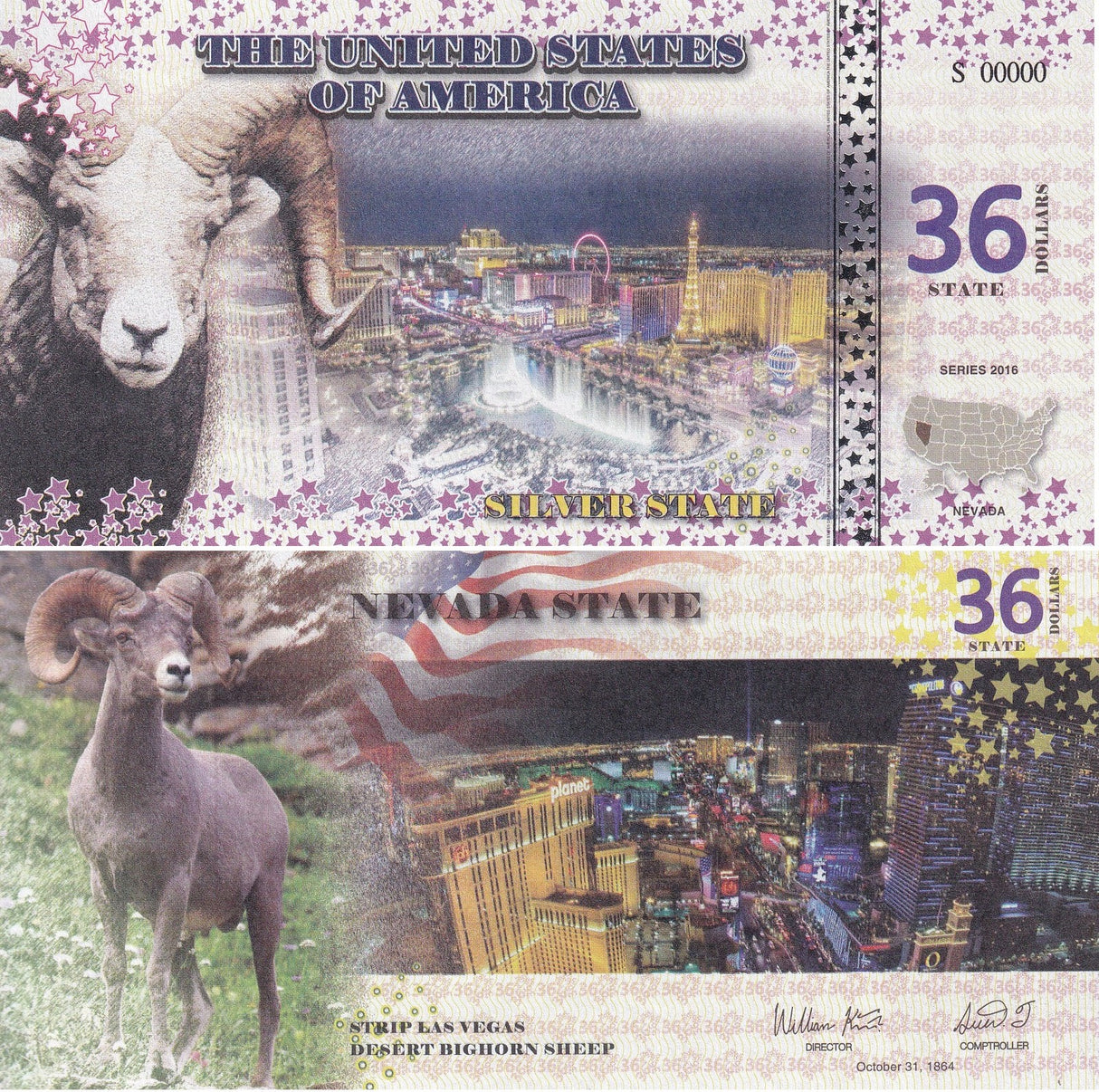 UNITED STATES 36 STATE DOLLARS USA 2016 SILVER STATE NEVADA SHEEP SPECIMEN