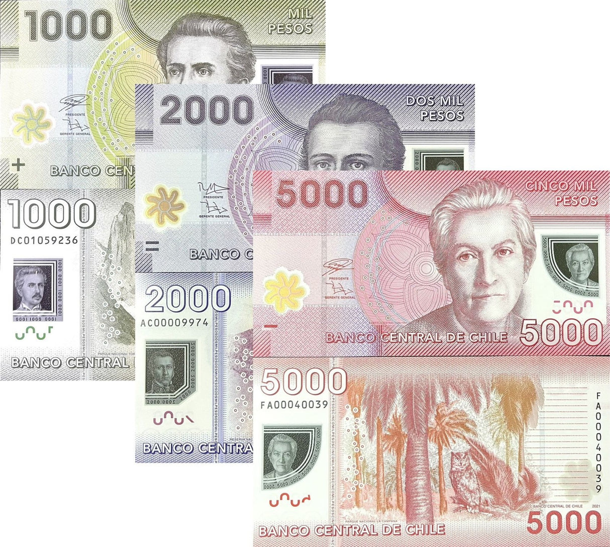 Chile Set 3 UNC 1000 2000 5000 Peso Random Years P 161 162 163