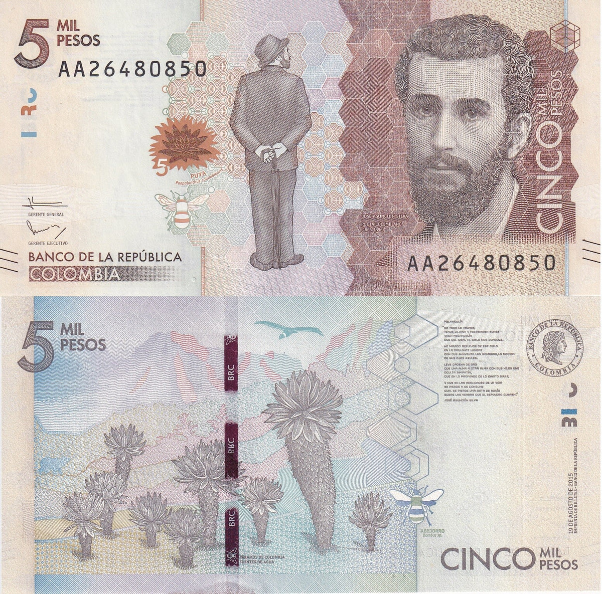 Colombia 5000 Pesos 2015 P 459 AA Prefix UNC ,paepalanthus columbiensis