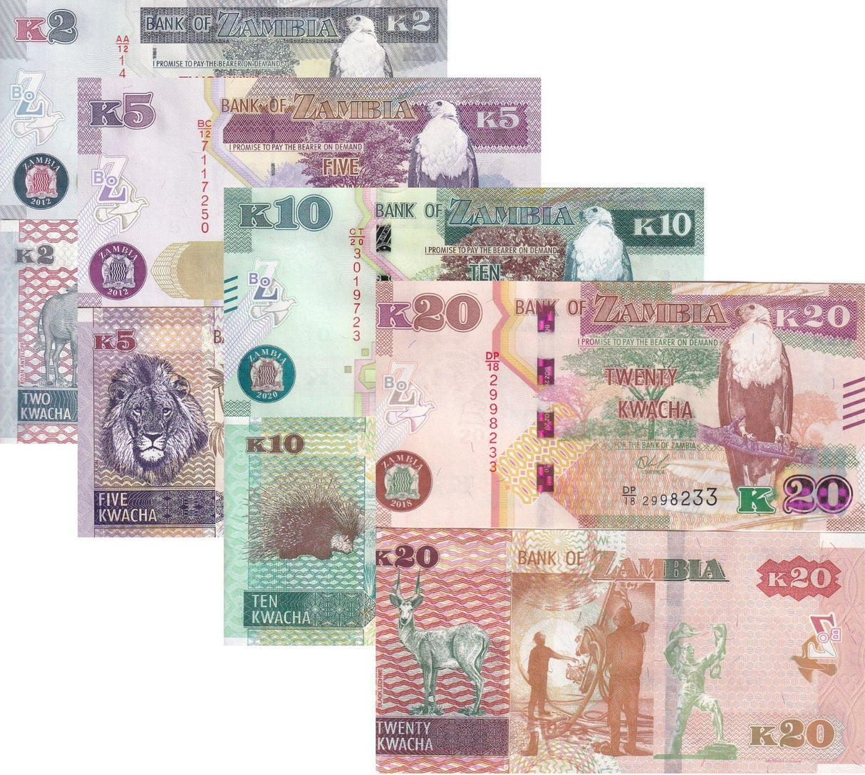 Zambia Set 4 PCS 2 5 10 20 Kwacha Random Year P 49 50 58 59 UNC Fish eagle tree