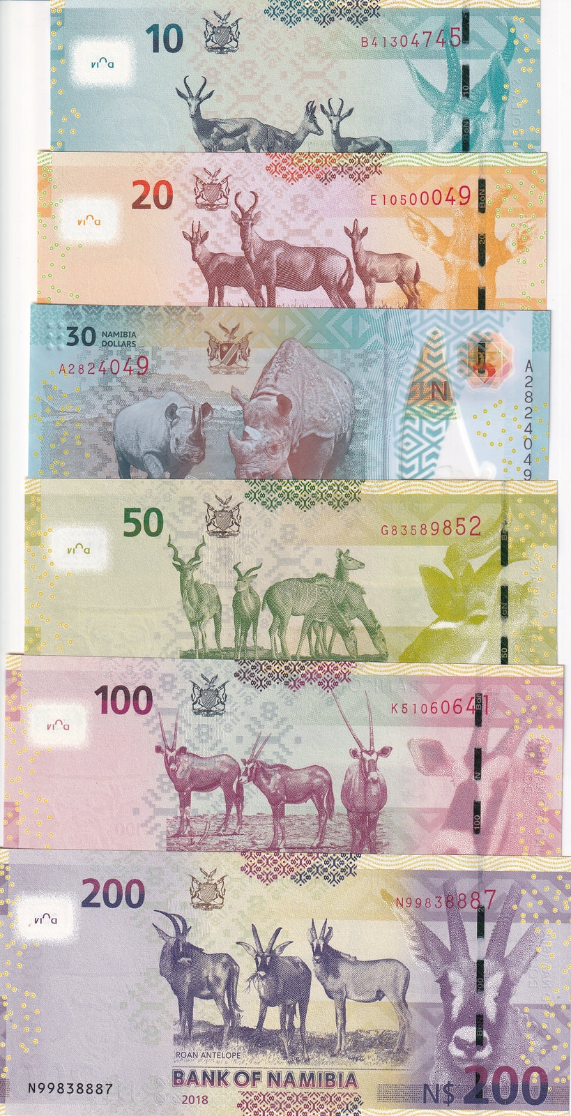 Namibia set 6 UNC 10 20 30 50 100 200 Dollars 2018-2021 P 13 14 15 16 17 18