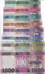 South Sudan Set 8 UNC 1 5 10 20 50 100 500 1000 Pounds Random date P 6 - 21