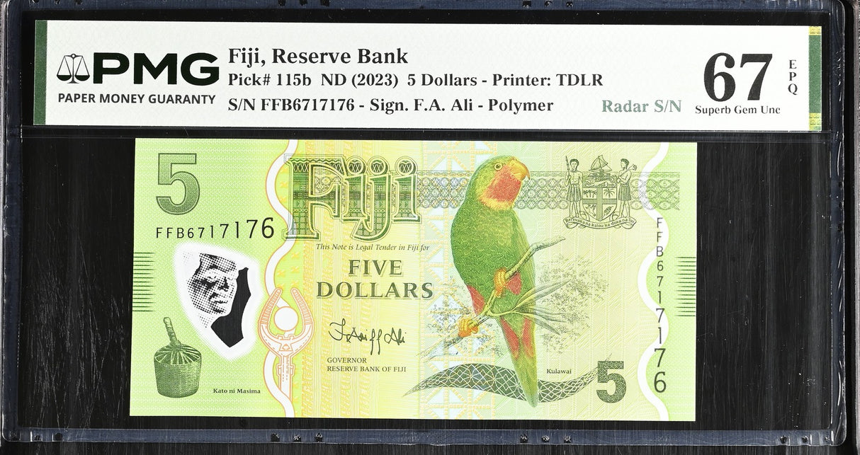 Fiji 5 Dollars ND 2023 P 115 b Radar 6717176 Superb Gem UNC PMG 67 EPQ