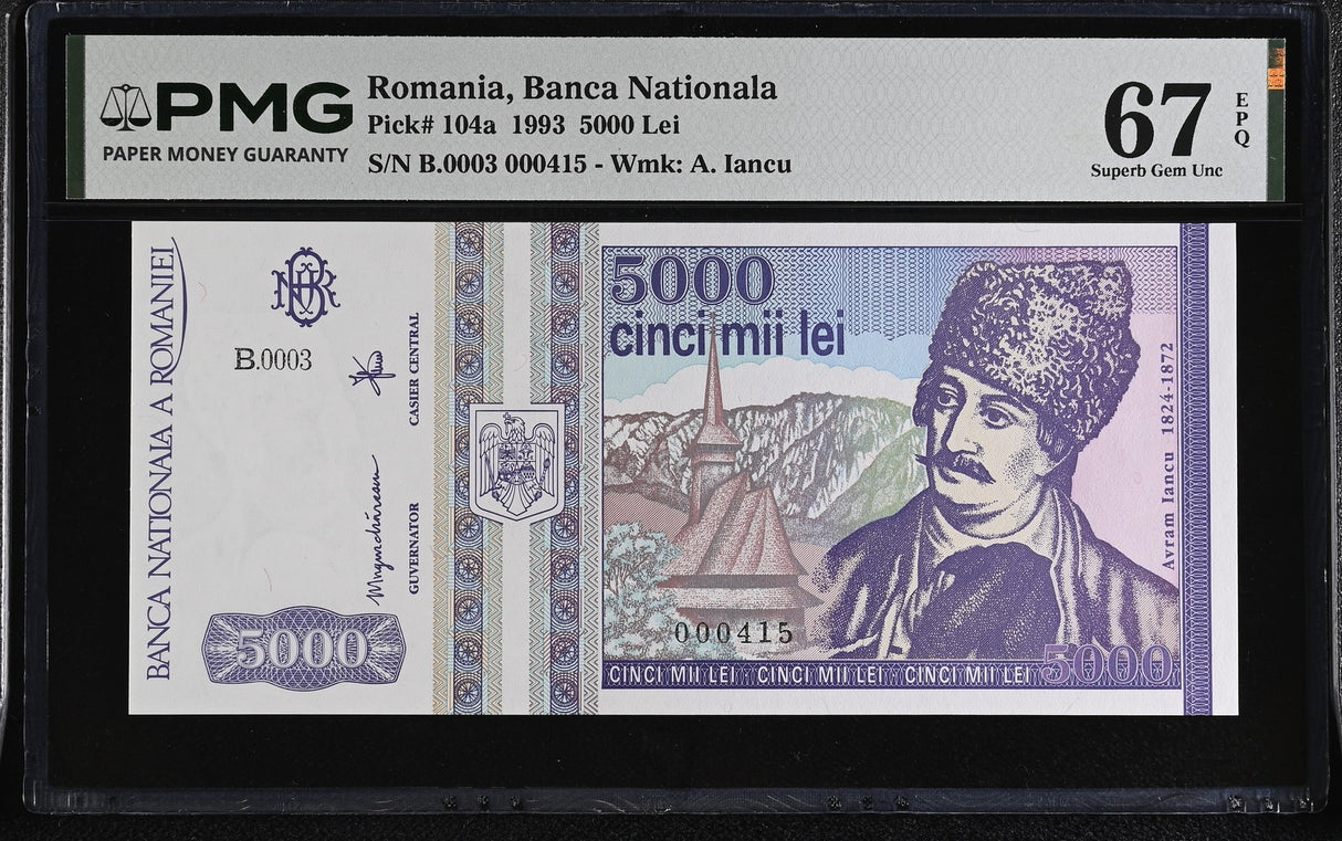 Romania 5000 Lei 1993 P 104 a Superb Gem UNC PMG 67 EPQ , WTM A Iancu