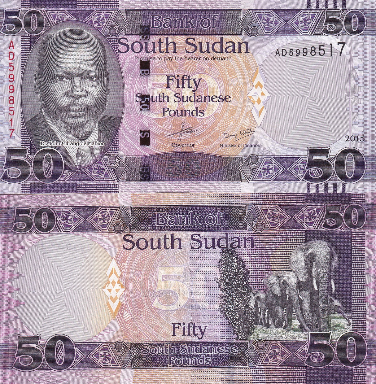 South Sudan 50 Pounds 2015 P 14 a UNC Elephants, Dr. John Garang de Mabior