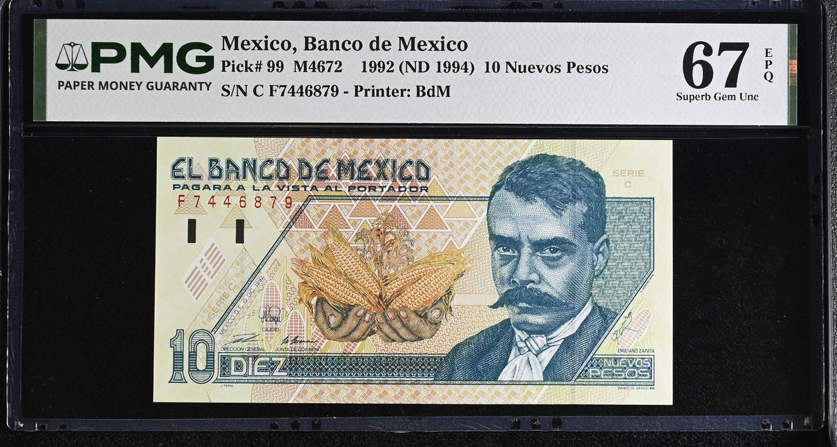 Mexico 10 Pesos 1992 ND 1994 P 99 Superb Gem UNC PMG 67 EPQ