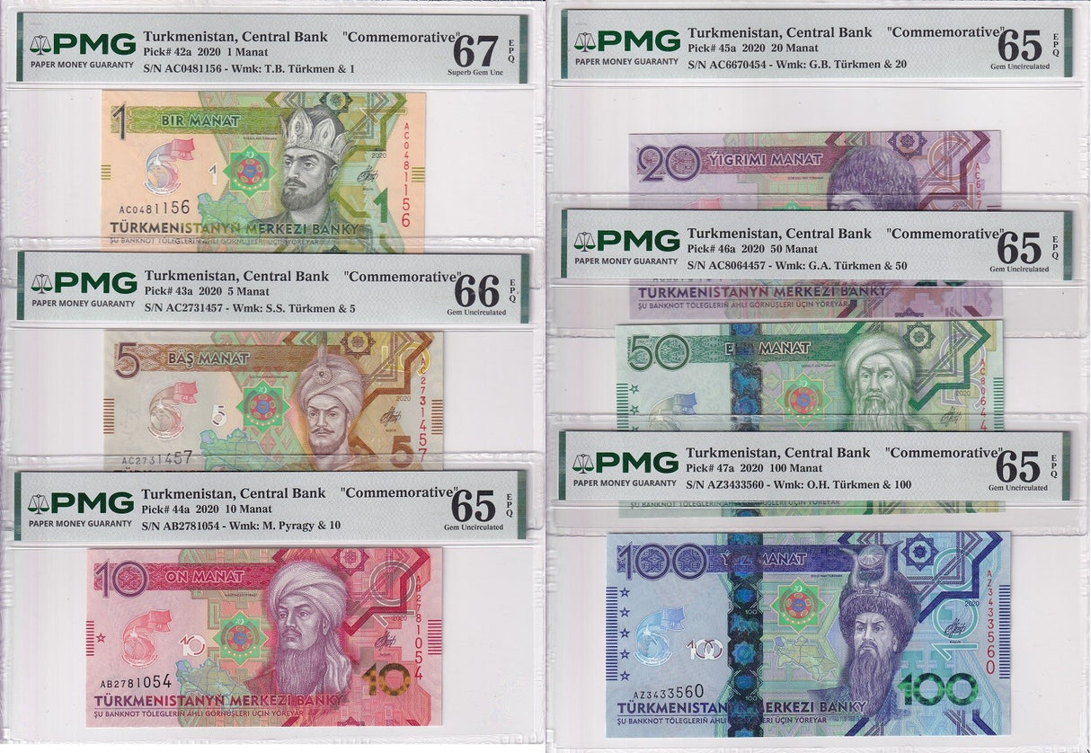Turkmenistan Set 6, 1 5 10 20-100 Manat 2020 P 42-P 47 Gem UNC PMG 65 66 67 EPQ
