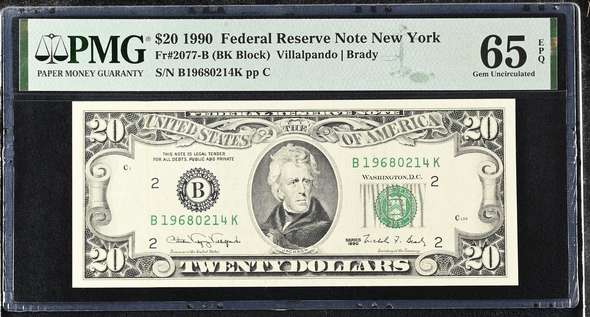 United States 20 Dollars Usa 1990 P 487 B New York Gem UNC PMG 65 EPQ