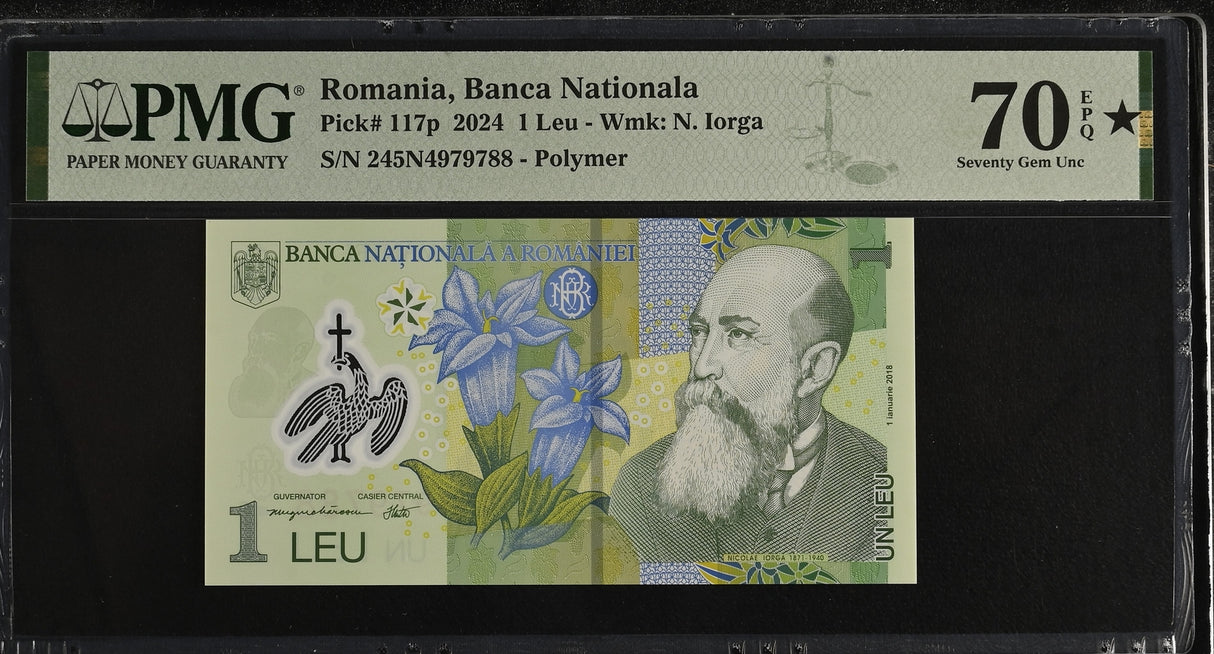 Romania 1 Leu 2024 P 117 p Polymer Superb Gem UNC PMG 70 EPQ Extra Star TOP POP
