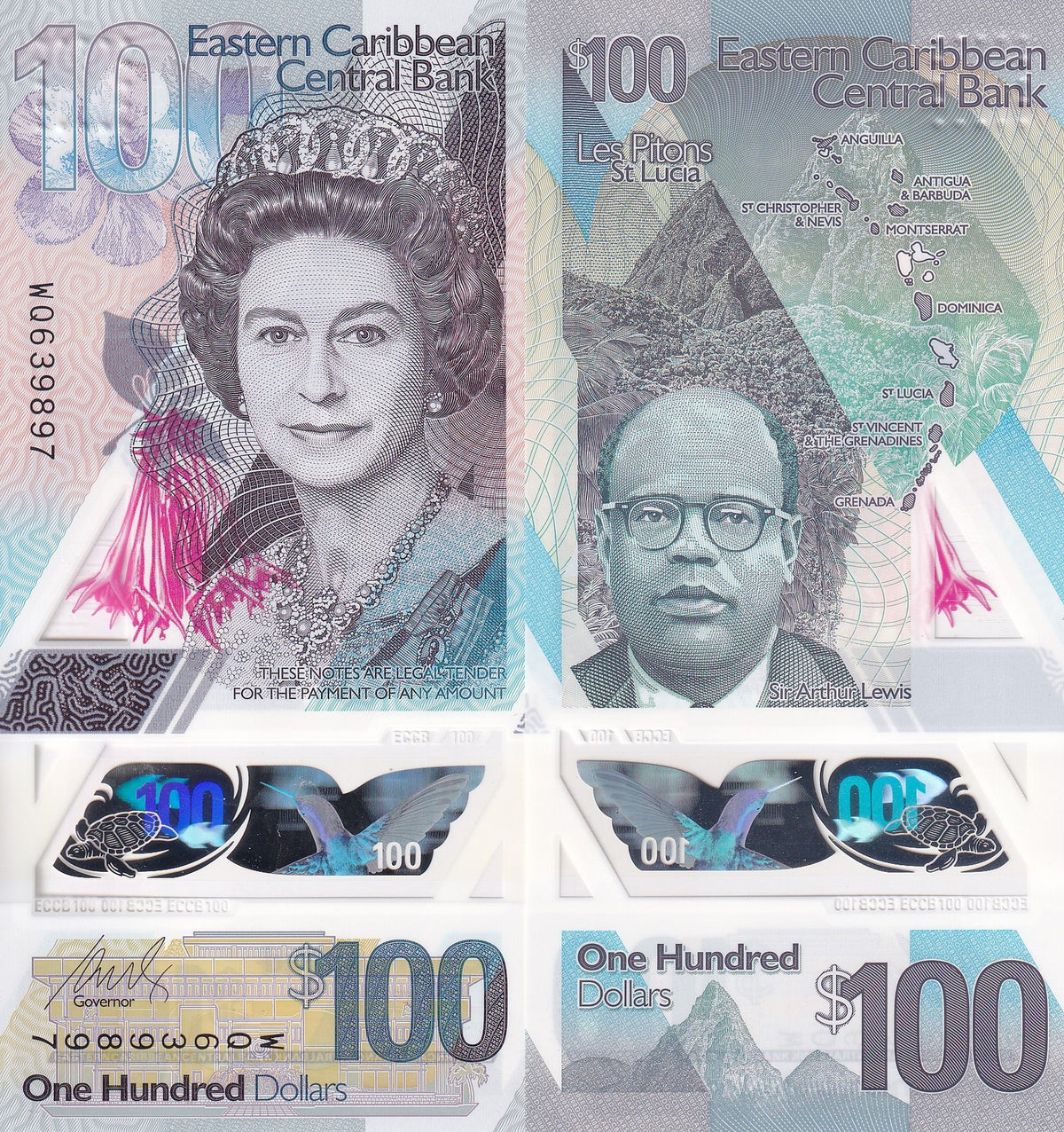 East Caribbean 100 Dollars ND 2019 P 59 a Polymer QE II UNC ,Les Pitons volcano