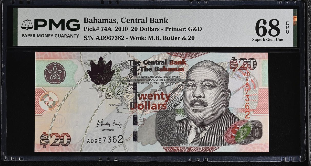 Bahamas 20 Dollars 2010 P 74A Superb Gem UNC PMG 68 EPQ ,Printer G&D