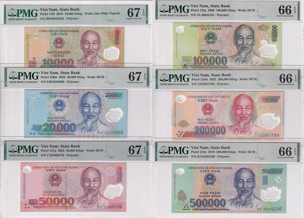 Vietnam Set 6;10000-500000 Dong 2018-2023 P 119-123 124 Superb UNC PMG 66 67 EPQ