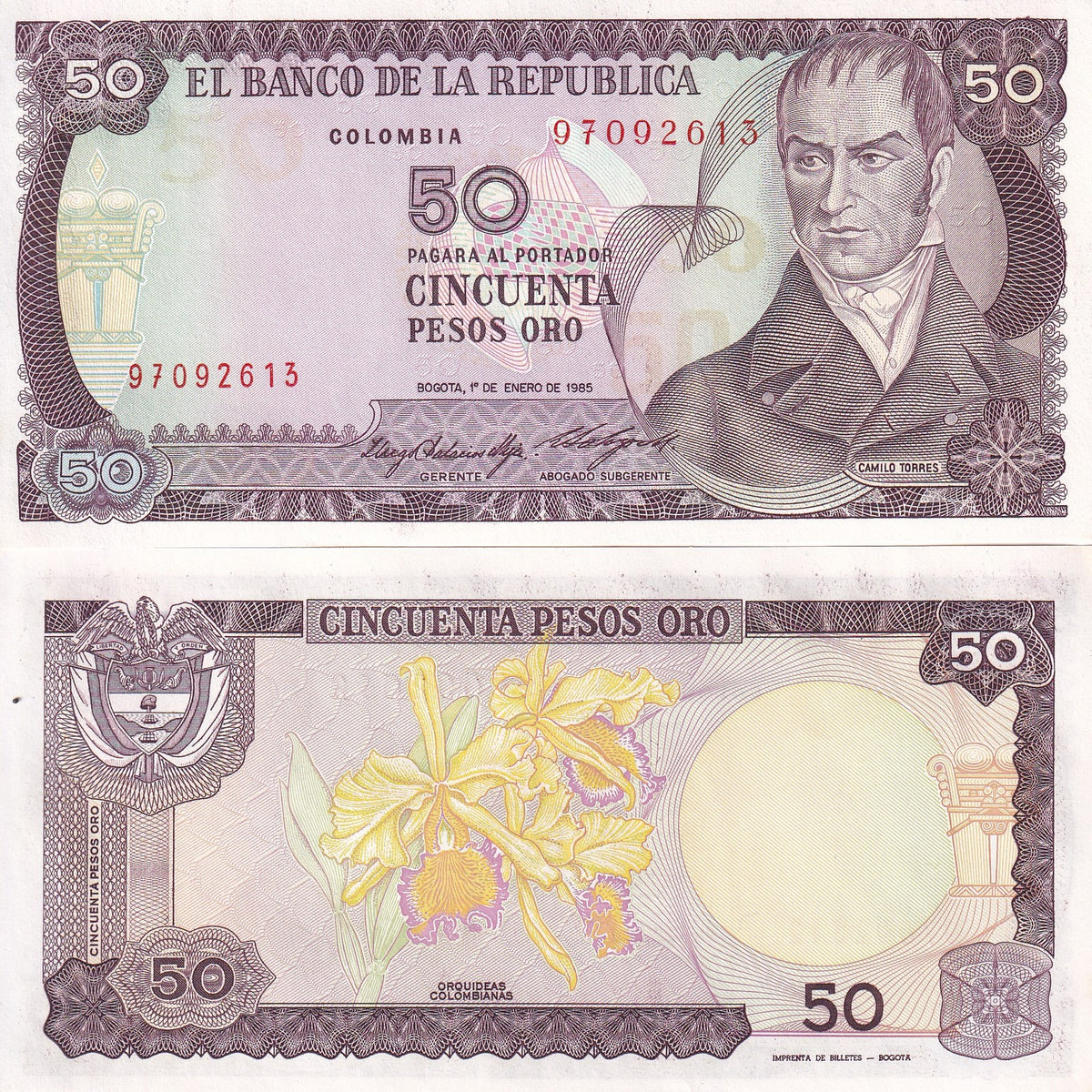 Colombia 50 Pesos Oro 1985 P 425 a UNC ,Camilo Torres Tenorio