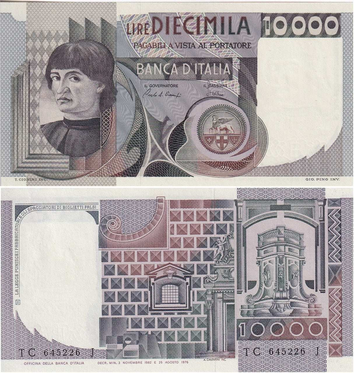 Italy 10000 Lire 1982 P 106 b UNC