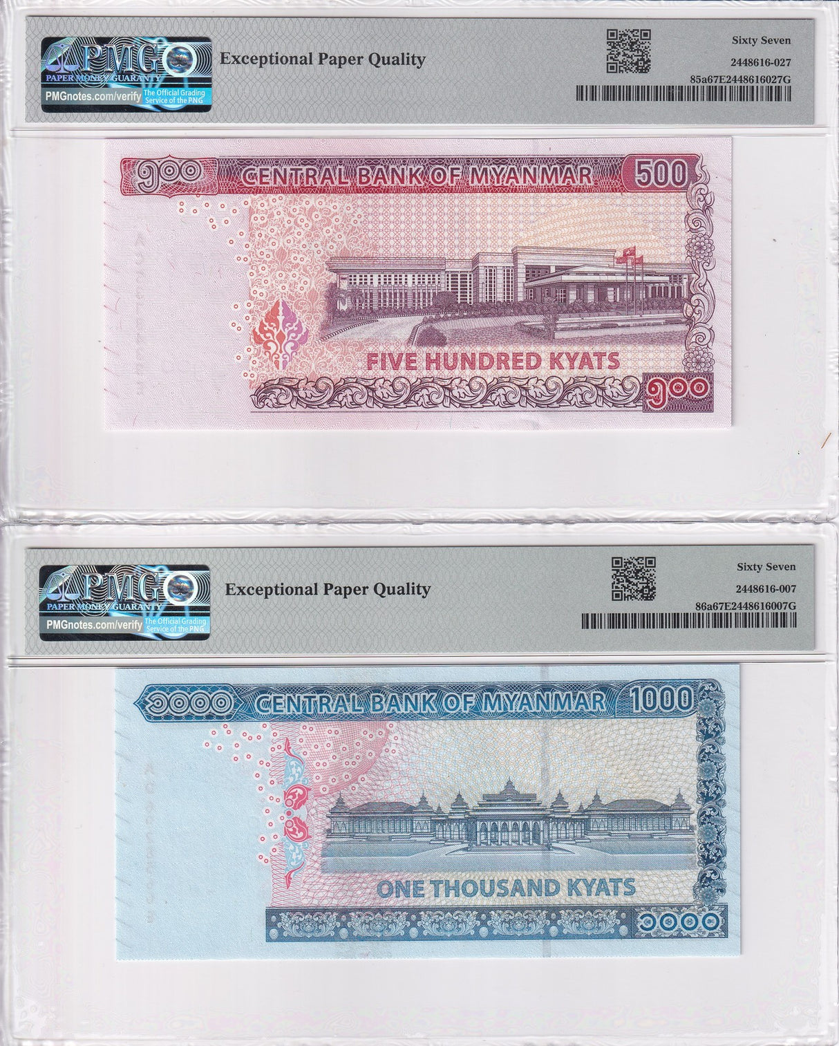 Myanmar Set 2; 500 1000 Kyats ND 2020 P 85 P 86 Superb Gem UNC PMG 67 EPQ