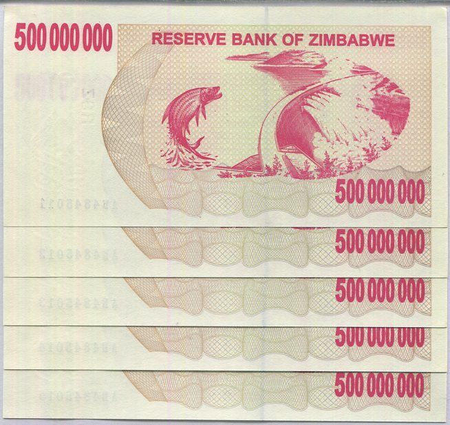 Zimbabwe 500 Million Dollars 2008 P 60 AUnc LOT 5 PCS