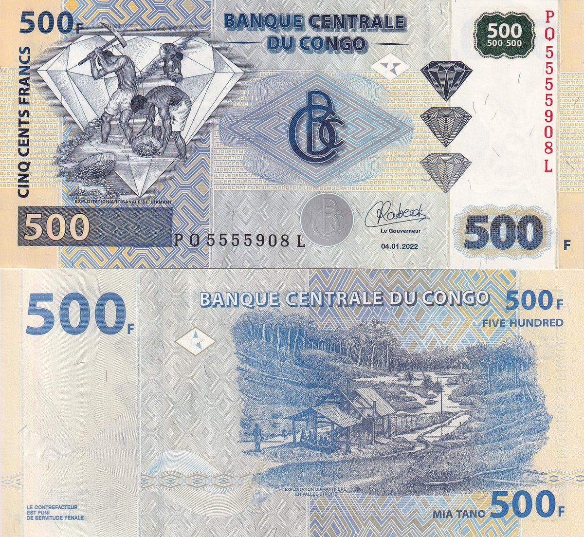 Congo 500 Francs 2022 P 96D New Sign UNC ,Diamond exploitation, Etroite Valley