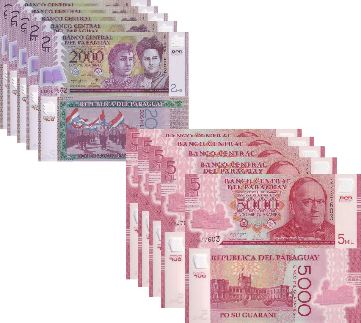 Paraguay Set 2 x Lot 5 = 10 UNC 2000 5000 Guaranies Random Date P 228 P 234