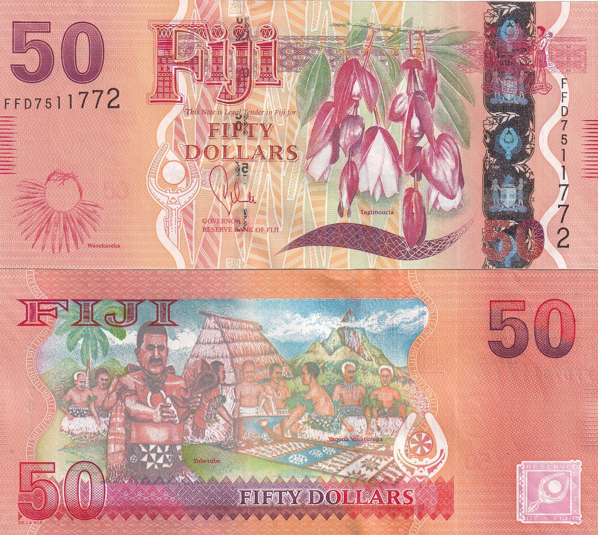 Fiji 50 Dollars ND 2013 P 118 UNC , Flora & Fauna, TDLR ,Tagimoucia flower
