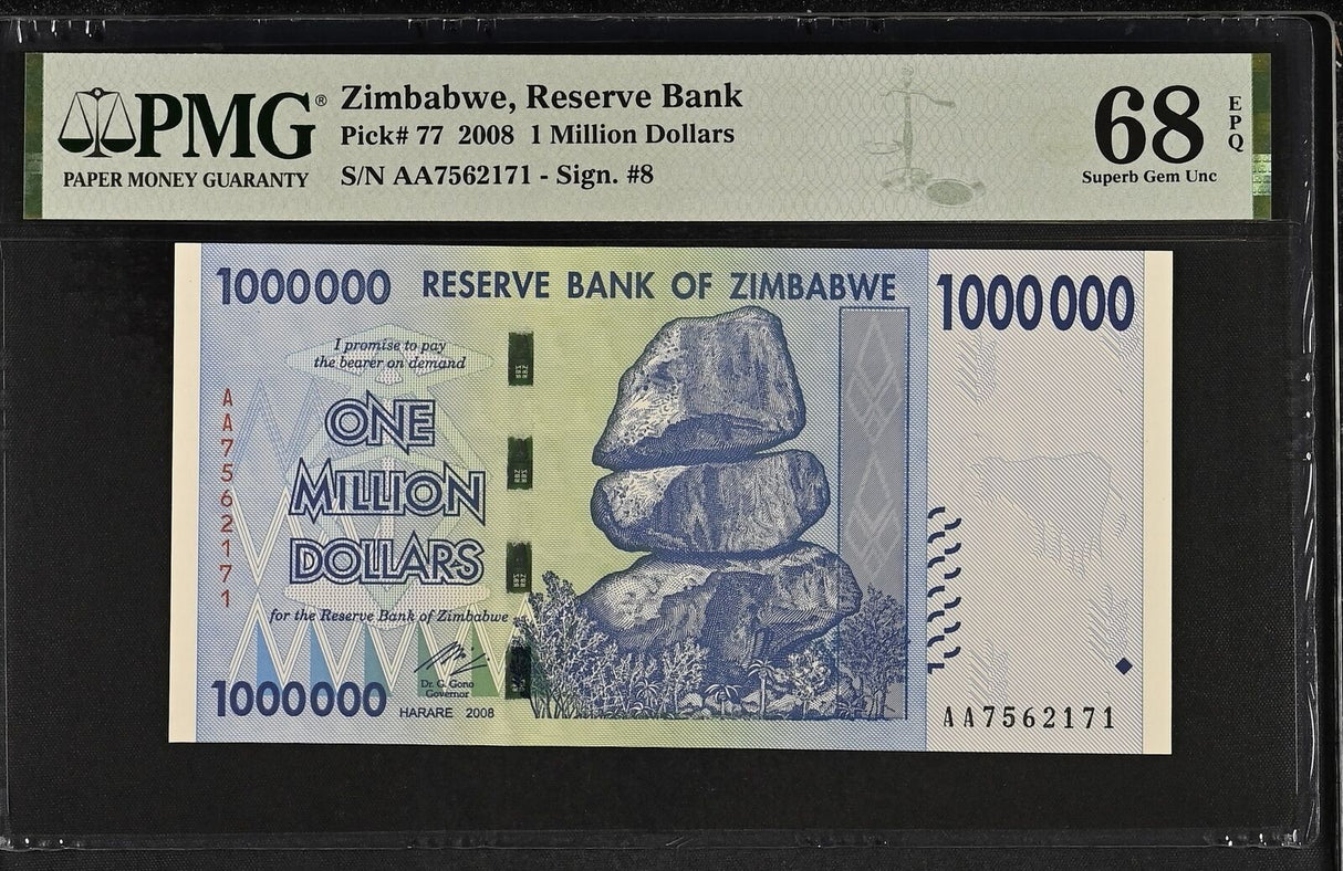 Zimbabwe 1000000 (1 Million) Dollars 2008 P 77 Superb Gem UNC PMG 68 EPQ