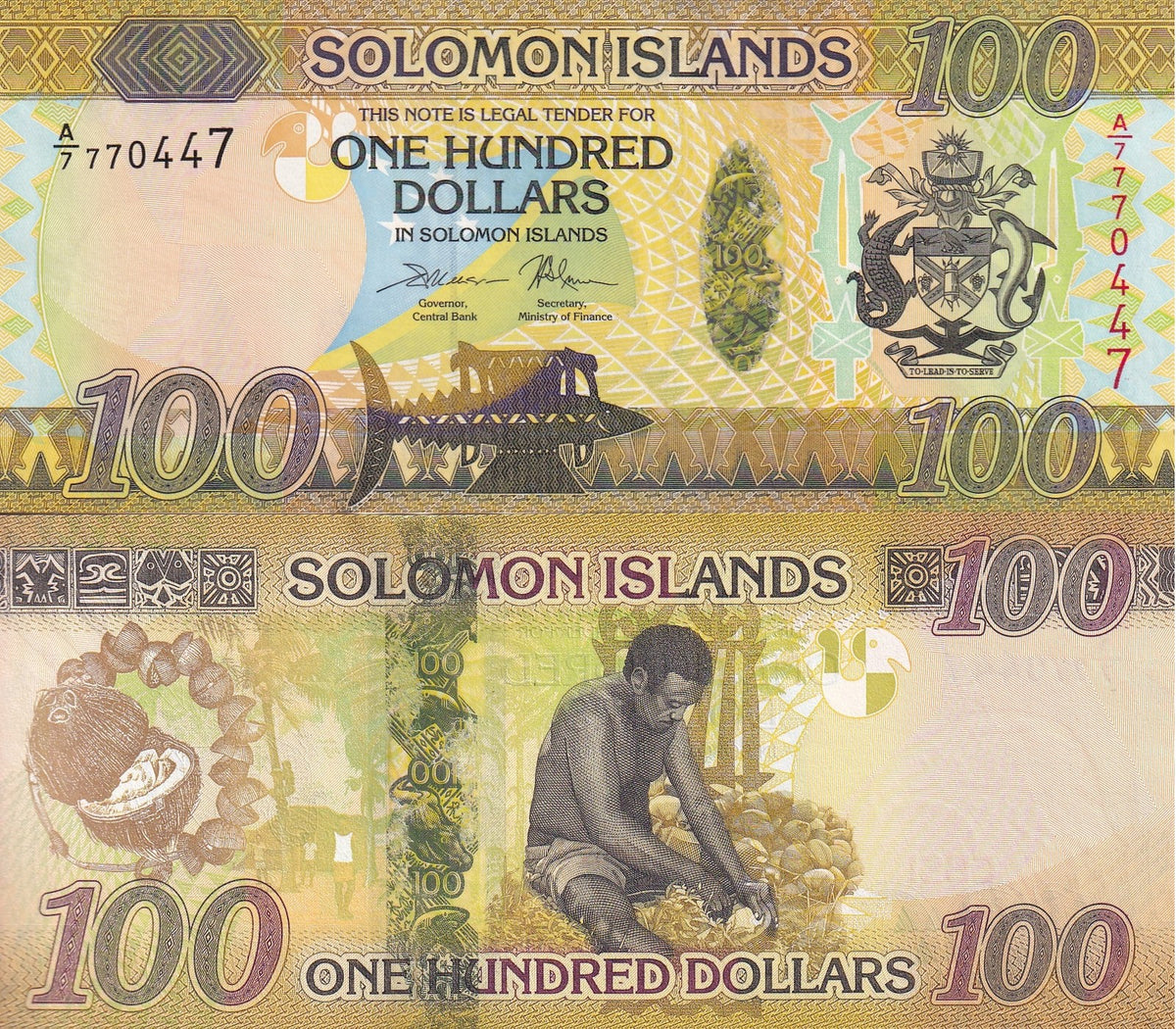 Solomon Islands 100 Dollars ND 2015 P 36 b UNC ,Printer , TDLR, Coconut harvest