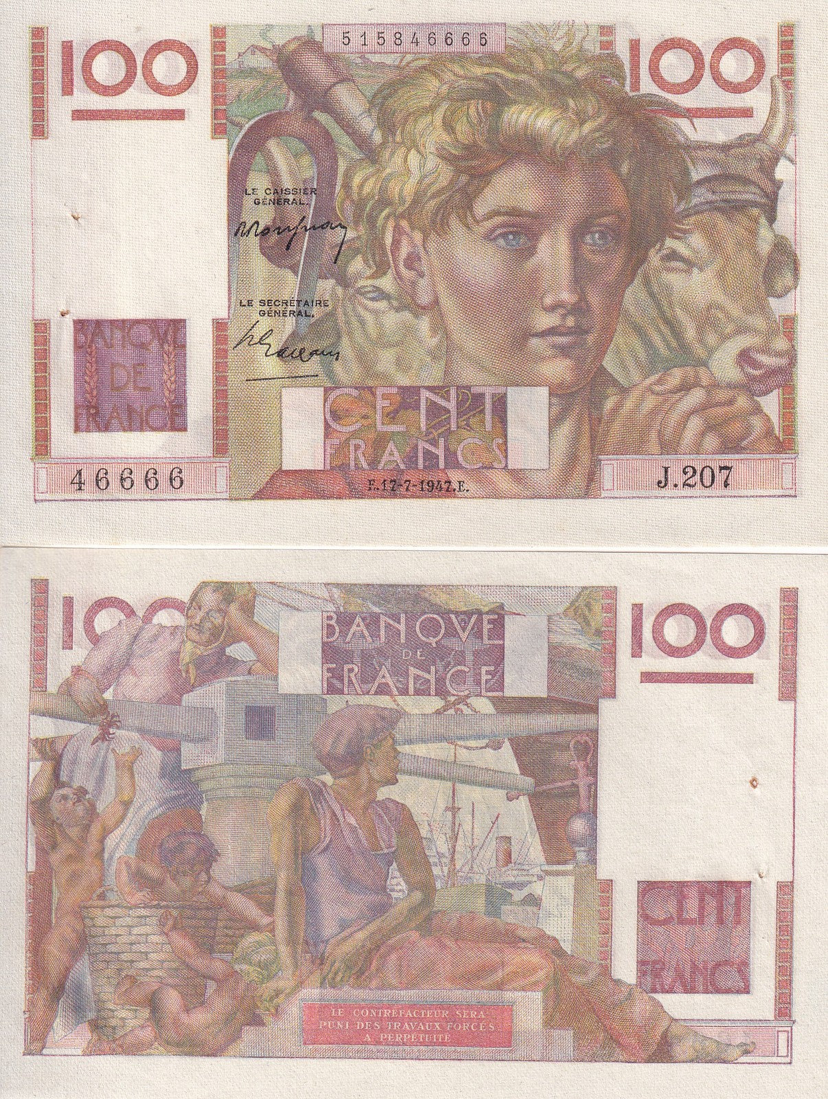 France 100 Francs 1947 P 128 b AUnc With Pin holes