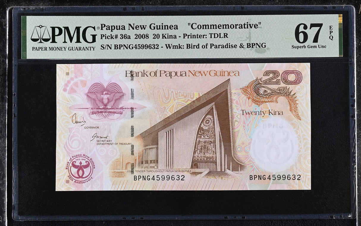 Papua New Guinea 20 Kina 2008 Commemorative P 36 a Superb Gem UNC PMG 67 EPQ