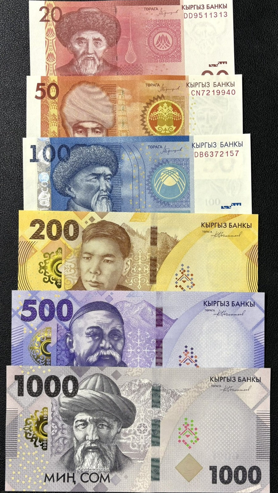 Kyrgyzstan Set 6 UNC 20 50 100 200 500 1000 Som 2016 - 2023 P 24 25 26 37 38 39