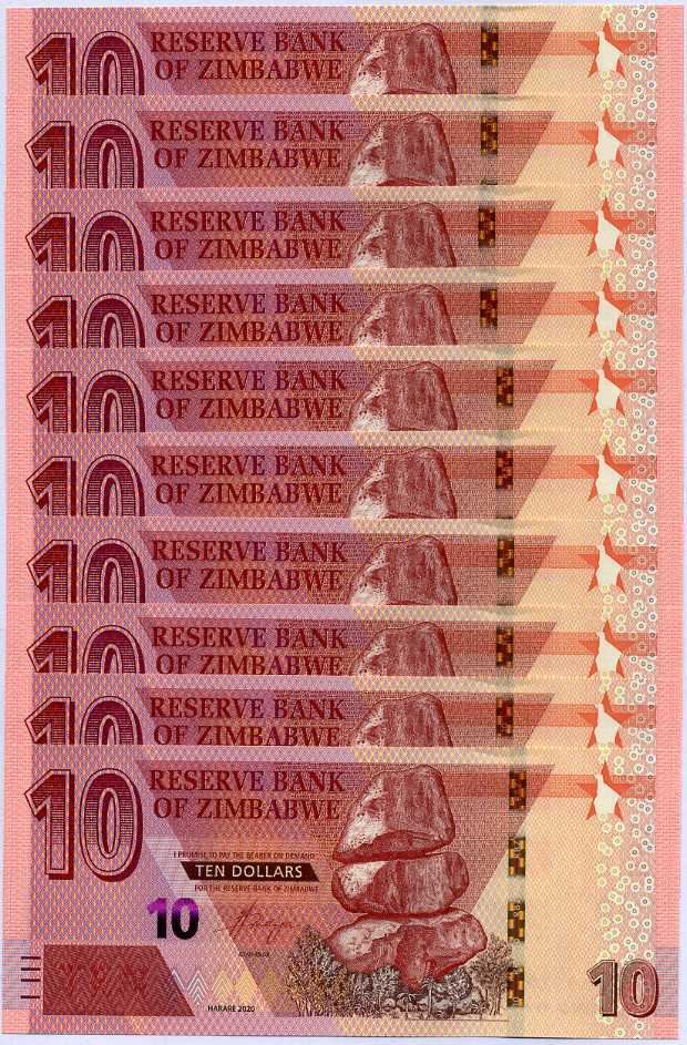 Zimbabwe 10 Dollars 2020 P 103 UNC LOT 10 PCS , Harare , Cape buffalos