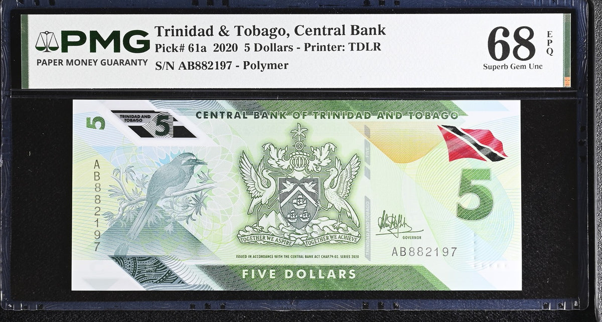 Trinidad & Tobago 5 Dollars 2020 P 61 a Superb Gem UNC PMG 68 EPQ