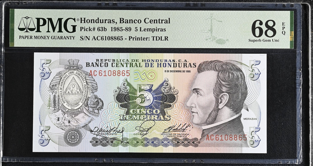 Honduras 5 Lempiras 1985 P 63 b Superb Gem UNC PMG 68 EPQ TOP POP