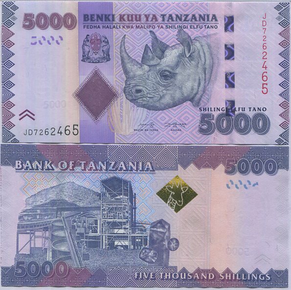 Tanzania 5000 Shillings ND 2020 P 43 New Sign UNC ,gold mines of Geita ,Rhino