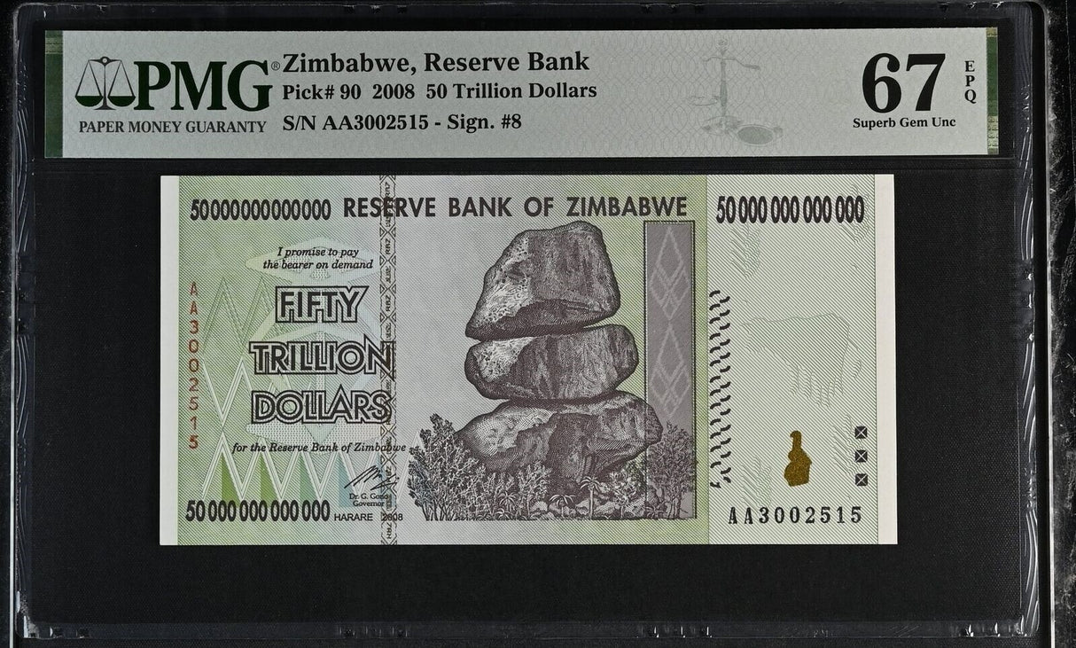 Zimbabwe 50 Trillion Dollars 2008 P 90 Superb Gem UNC PMG 67 EPQ