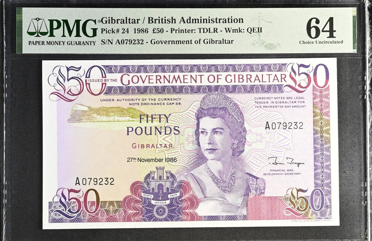 Gibraltar 50 Pounds 1986 P 24 Choice UNC PMG 64