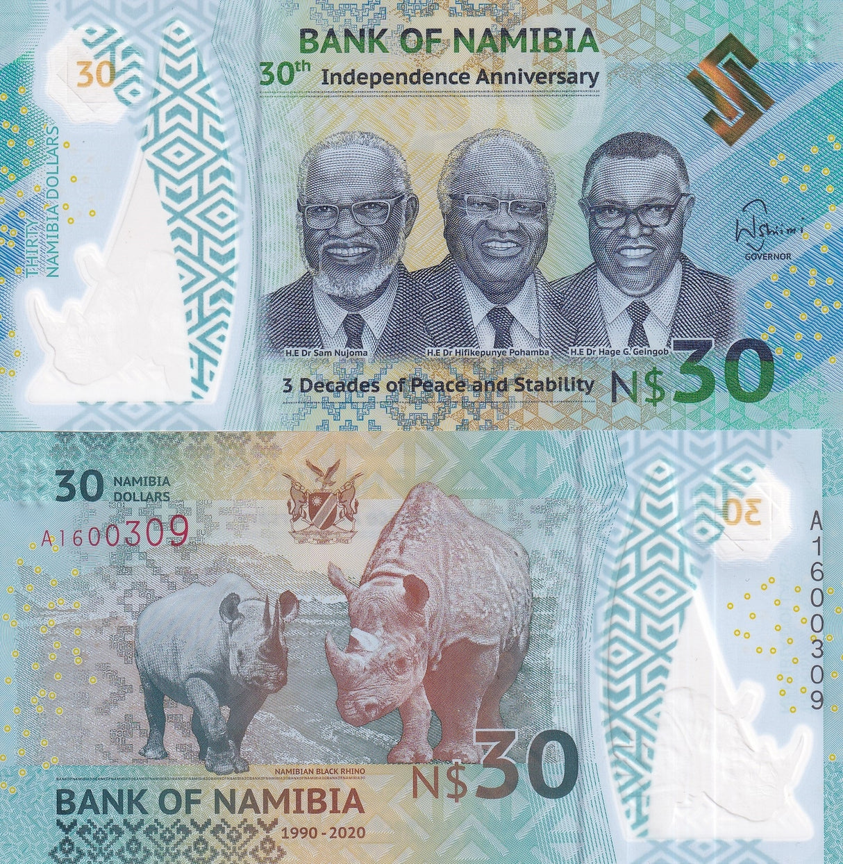 Namibia SET 2 UNC 30 60 Dollars Commemorative 2020 2025 P 18 19 Polymer