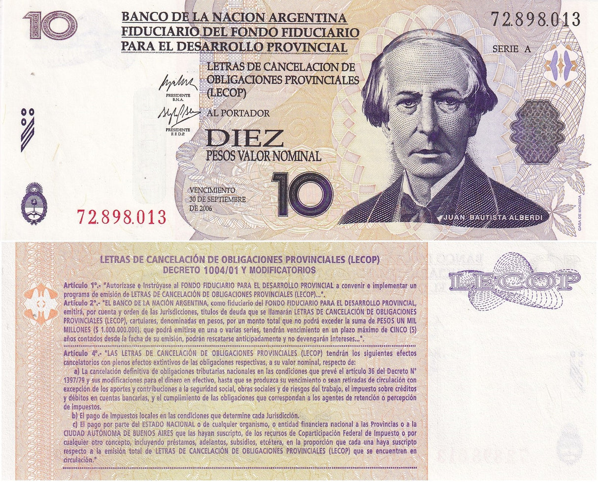 Argentina 10 Pesos 2006 Emergency Note LECOP P NL UNC
