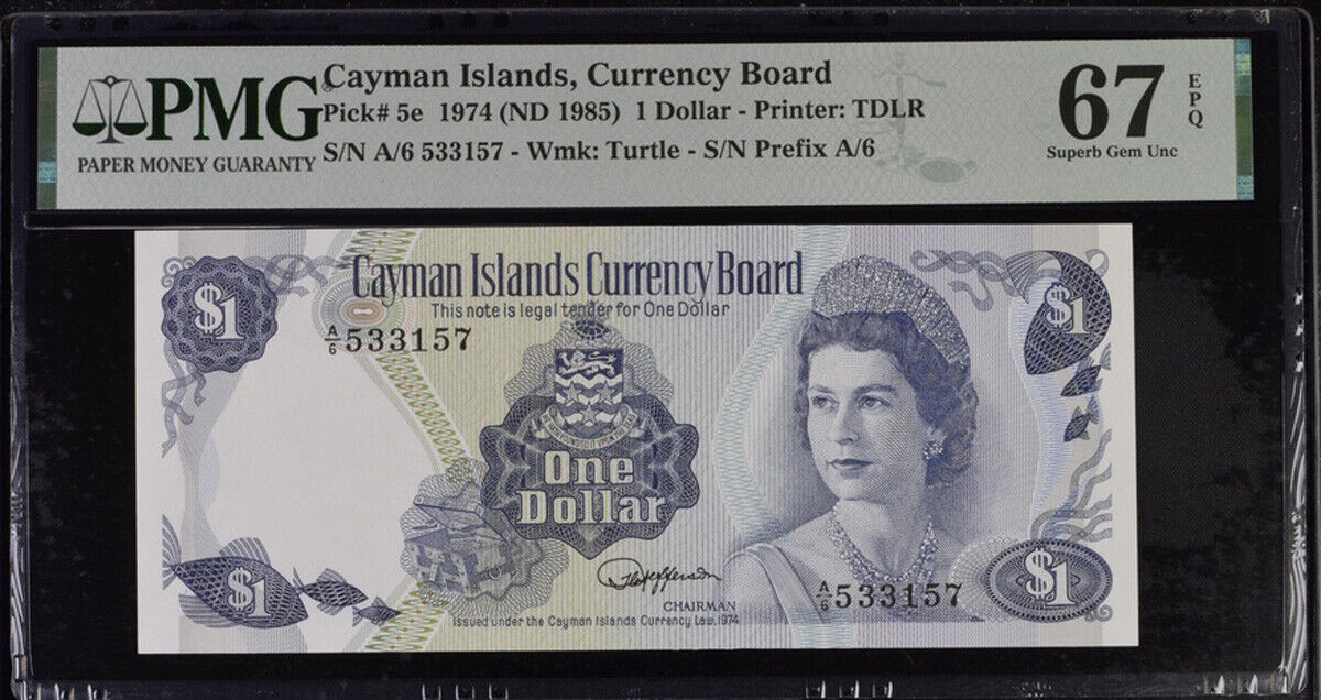 Cayman Islands 1 Dollar 1974 ND 1985 P 5 e Superb Gem UNC PMG 67 EPQ