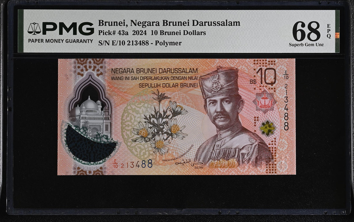 Brunei 10 Brunei Dollars 2024 P 43 a Polymer Superb Gem UNC PMG 68 EPQ TOP POP
