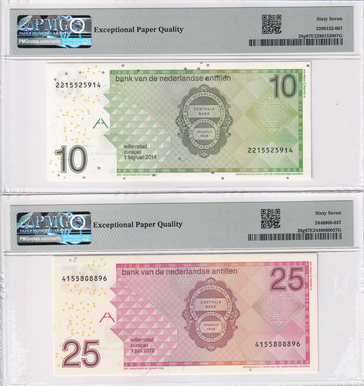 Netherlands Antilles Set 2;10 25 Gulden 2012 2014 P 29 Superb Gem UNC PMG 67 EPQ