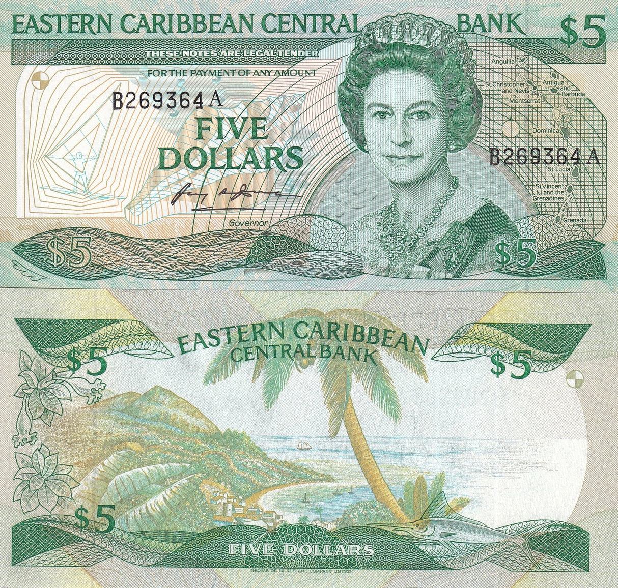 East Caribbean 5 Dollars ND 1988-1993 P 22 a QE II UNC Coastal scene