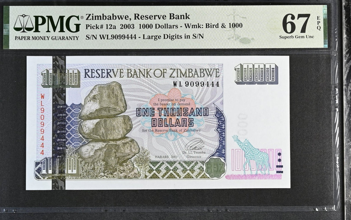 Zimbabwe 1000 Dollars 2003 P 12 a Large Digits Superb Gem UNC PMG 67 EPQ