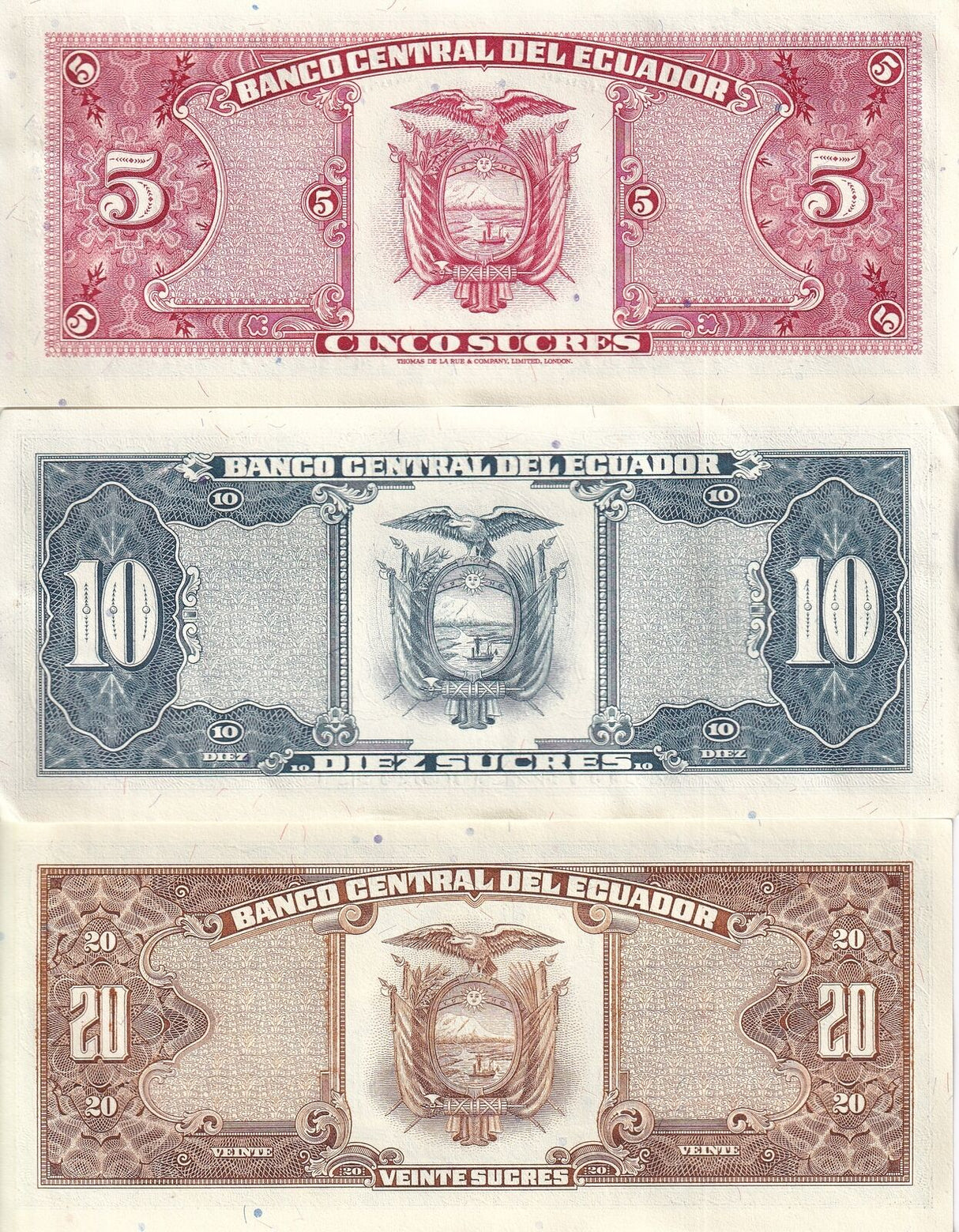 Ecuador Set 3 AU 5 10 20 Sucres 1988 P 113 121 121A AUnc