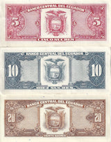 Ecuador Set 3 AU 5 10 20 Sucres 1988 P 113 121 121A AUnc