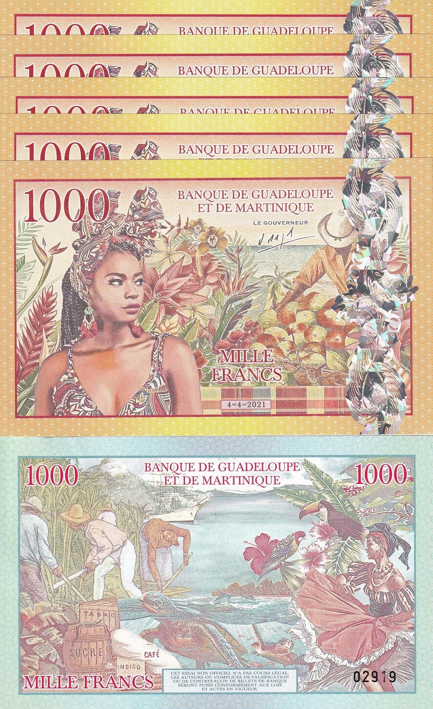 Guadeloupe Martinique 1000 Francs 2021 Private Fantasy Polymer LOT 5 PCS