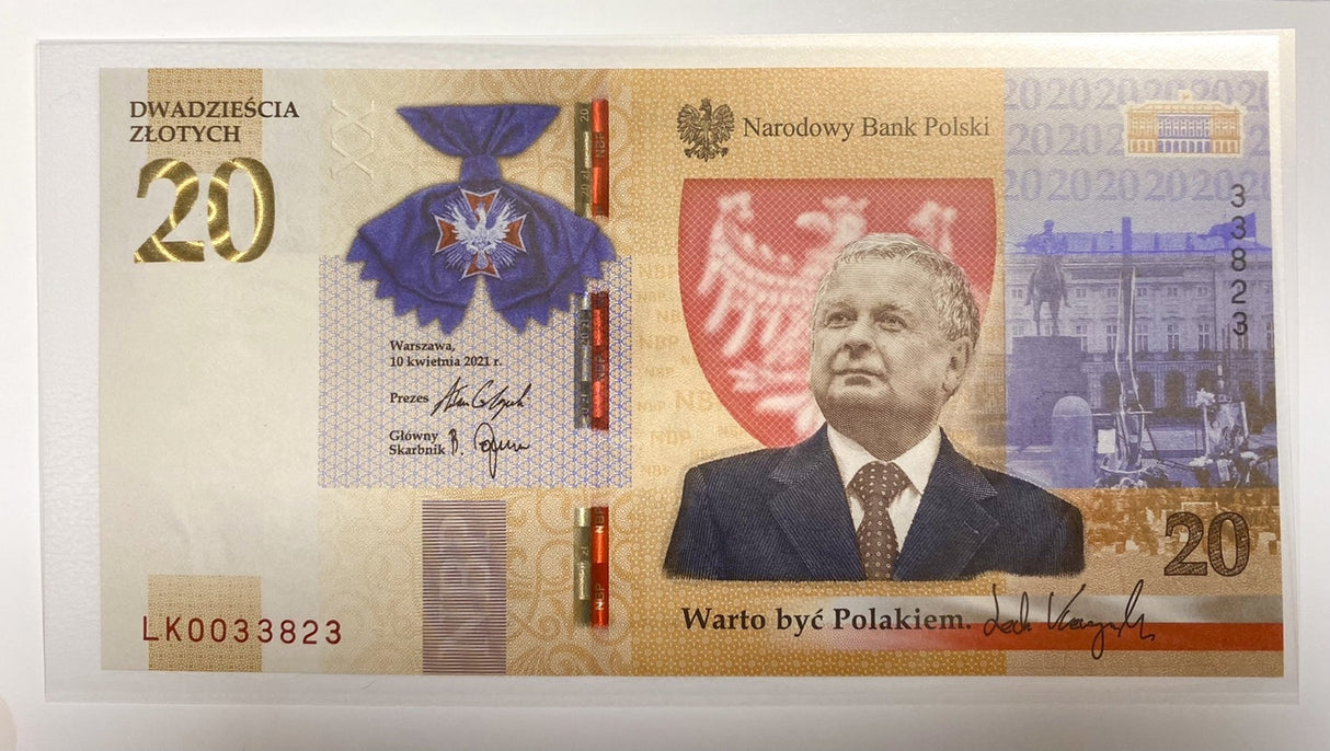 Poland 20 Zlotych Lech Kaczynski Comm. P 195 UNC With Folder 2021